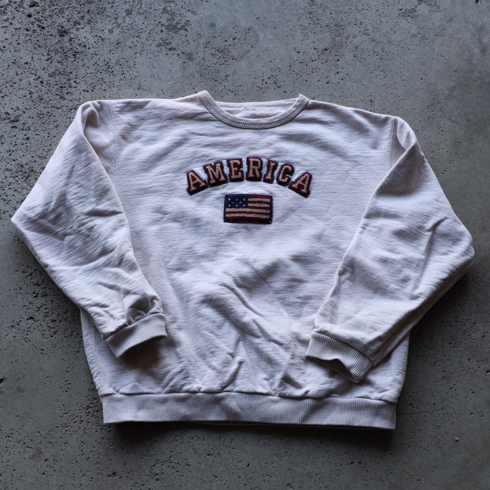 Americana Chenille Patch Flag Crewneck Sweatshirt Size Large Cream Boxy Cropped